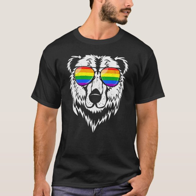 Camiseta Gay Bear LGBTQ Rainbow Sunglasses Pride Flag Trans (Frente)