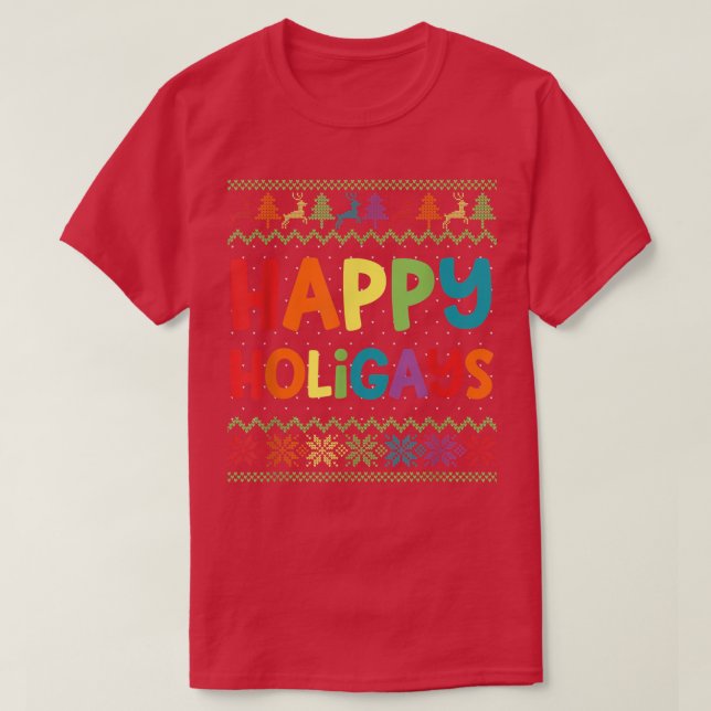 Camiseta Gay Christmas Funny LGBT Happy Holigays Ugly Rainb (Frente do Design)