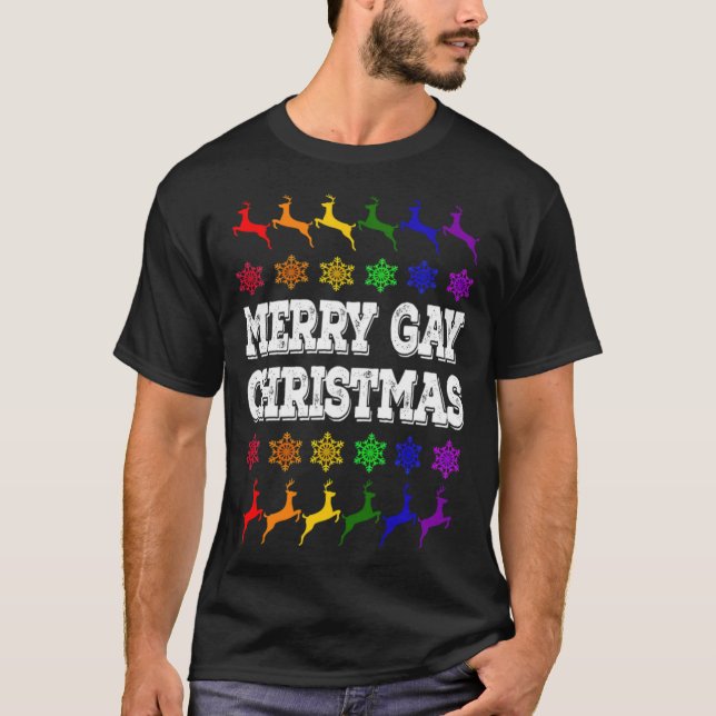 Camiseta Gay de feliz Natal Reindeers LGBT fungos de neve (Frente)