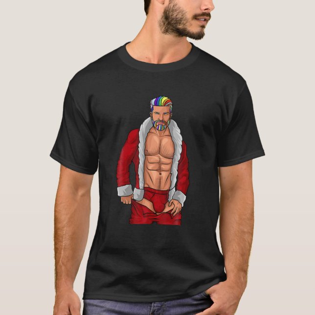 Camiseta Gay de Natal Santa Claus LGBTQ Rainbow Engraçado X (Frente)