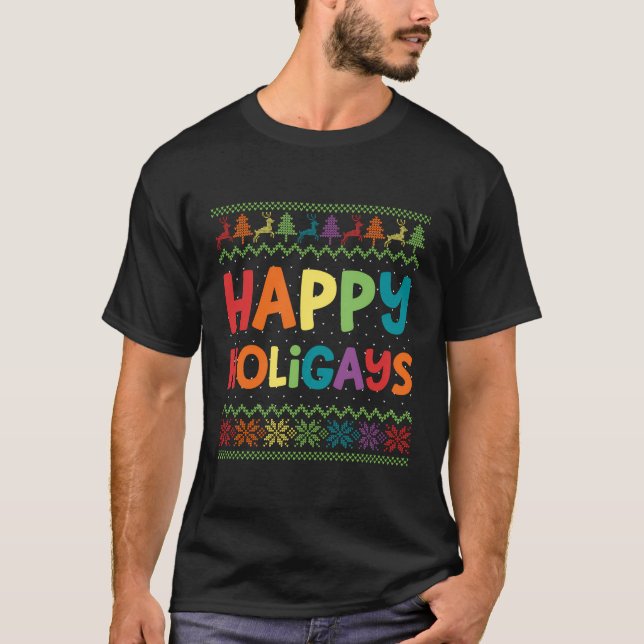 Camiseta Gay Natal Engraçado Lgbt Feliz Holigays Rainbow Pa (Frente)