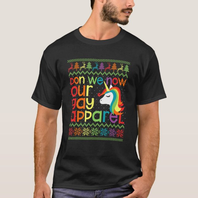 Camiseta Gay Natal Rainbow Unicorn Don We Now Our Gay A (Frente)