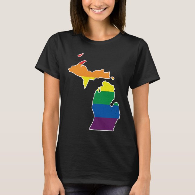 Camiseta Gay Pride Flag  Michigan State Map  Rainbow Stripe (Frente)