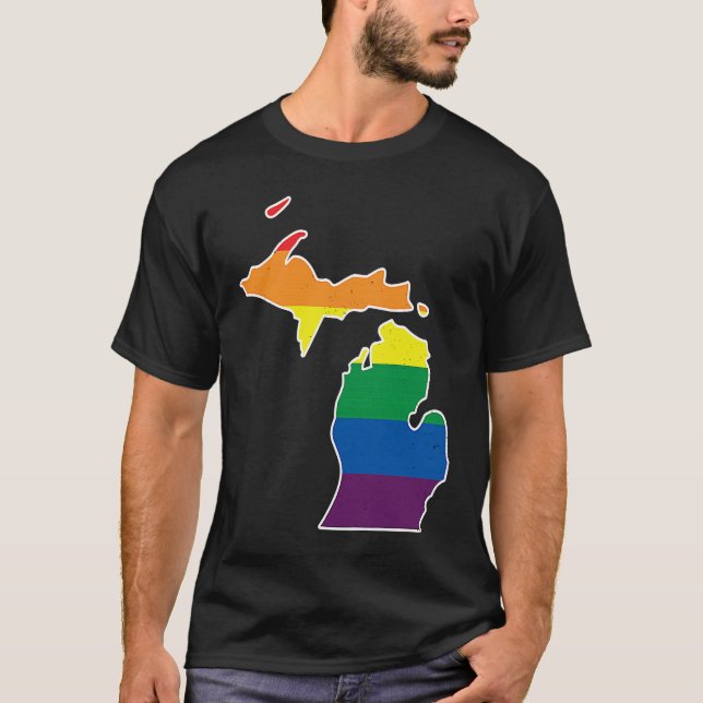 Camiseta Gay Pride Flag  Michigan State Map  Rainbow Stripe (Frente)