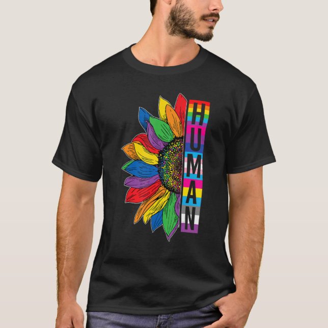 Camiseta Gay Pride HUMAN Sunflower Rainbow LGBT LGBTQ Lesbi (Frente)