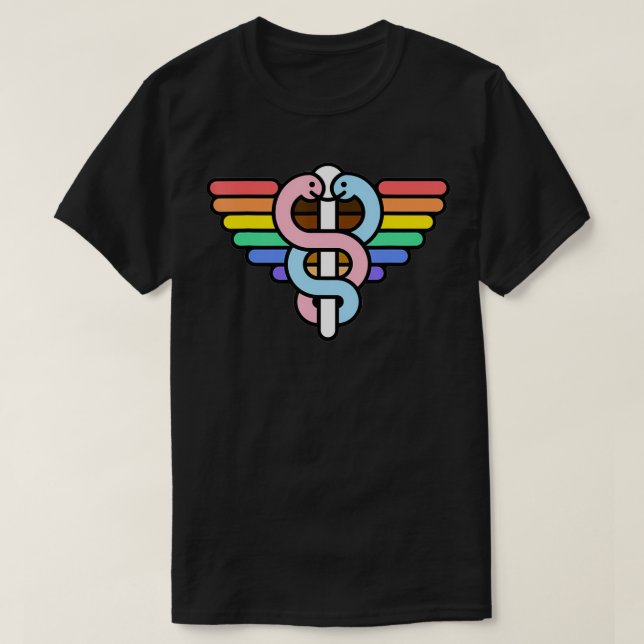 Camiseta Gay Pride LGBT Rainbow Colors Caduceus Medical Sym (Frente do Design)