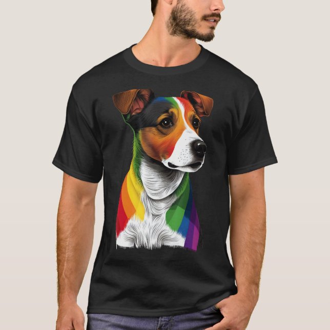 Camiseta Gay Pride LGBT Rainbow Flag on Jack Russell Terrie (Frente)