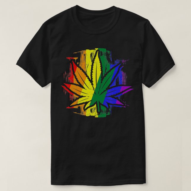 Camiseta Gay Pride - LGBTQ Stoner - Pot Leaf - Rainbow Flag (Frente do Design)