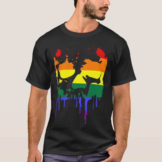 Camiseta Gay Pride Rainbow Flag Halloween Skull Shirt (Frente)