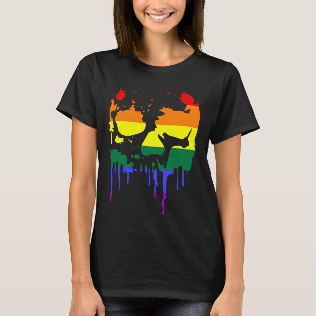 Camiseta Gay Pride Rainbow Flag Halloween Skull Shirt (Frente)
