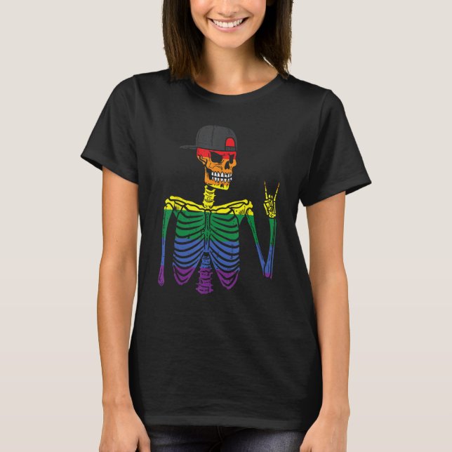 Camiseta Gay Pride Rocker Skeleton Rainbow Flag Lgbtq Rock  (Frente)