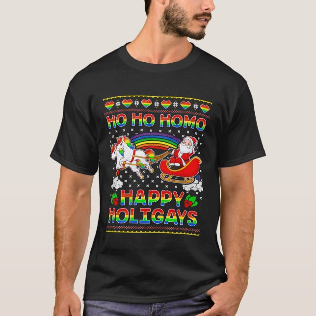 Camiseta Gay Pride Santa Ho Ho Homo Happy Holigays Ugly Chr (Frente)