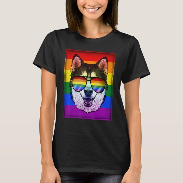 Camiseta Gay Siberian Husky Dog Rainbow Lgbt Pride Flag Cor (Frente)