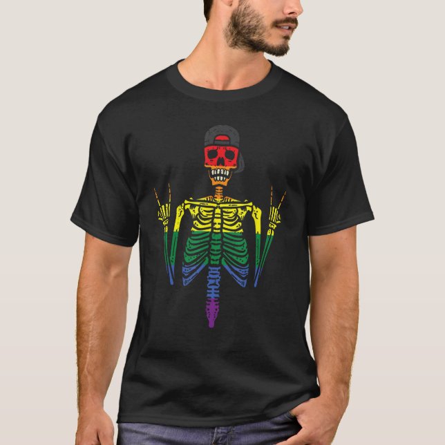 Camiseta Gay Skeleton Rock Rainbow Pride Flag Lgbt Rocker B (Frente)