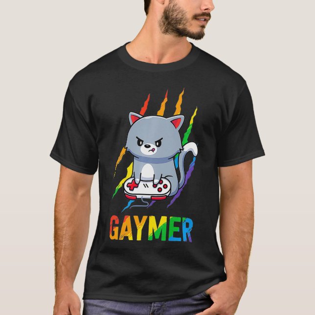Camiseta Gaymer LGBT Orgulho Gato Rainbow Videogame Amantes (Frente)