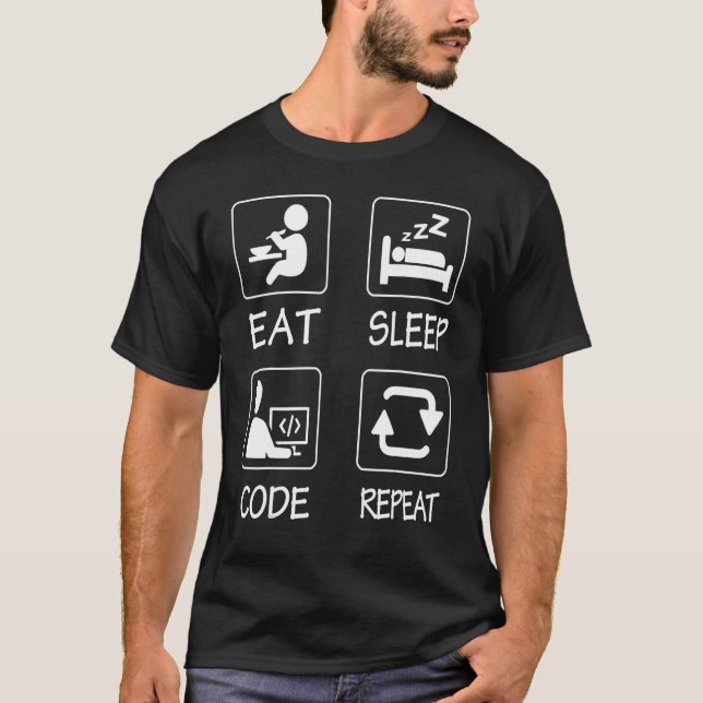 Camiseta Geeky It Computer Nerd Comer Código de Sono Repeti (Frente)