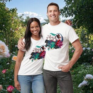 Camiseta Géisha Asiática Dragão Flores de Cerejeira Azul