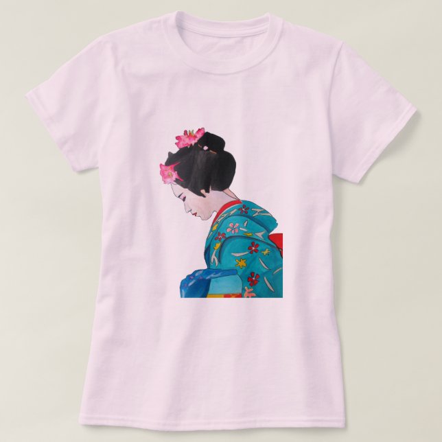 Camiseta Geisha bonitinha japonesa com flor de cereja (Frente do Design)