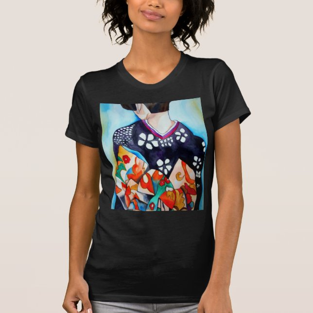 Camiseta Géisha com arte original de quimono azul escuro (Frente)