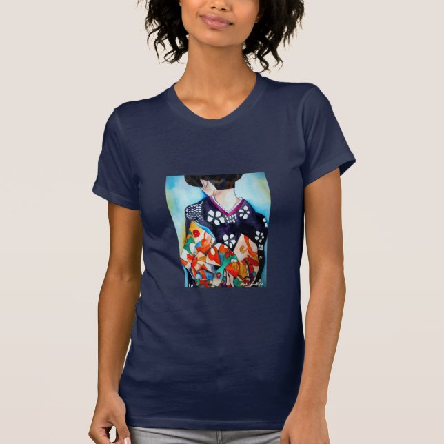 Camiseta Geisha com arte original quimono azul escuro (Frente)