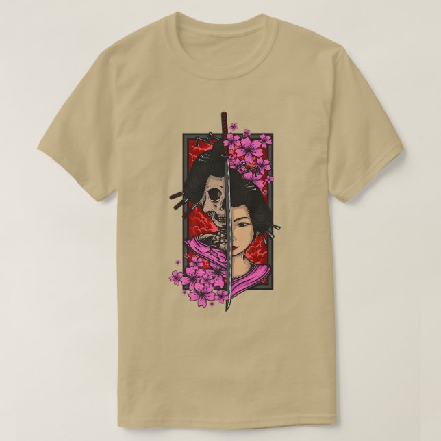 Camiseta Geisha com katana e sakura cherry samur (Frente do Design)
