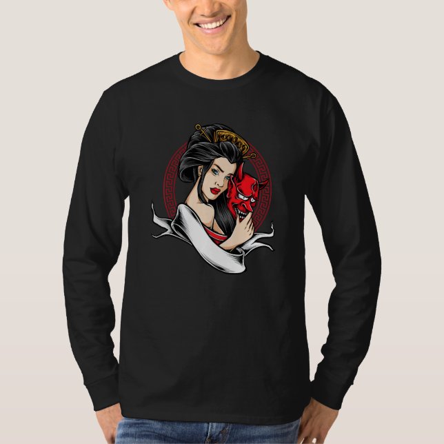 Camiseta Geisha Com O Demônio Da Máscara Oni (Frente)