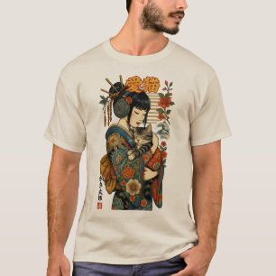 Camiseta Geisha e Cat - Floral Japonês