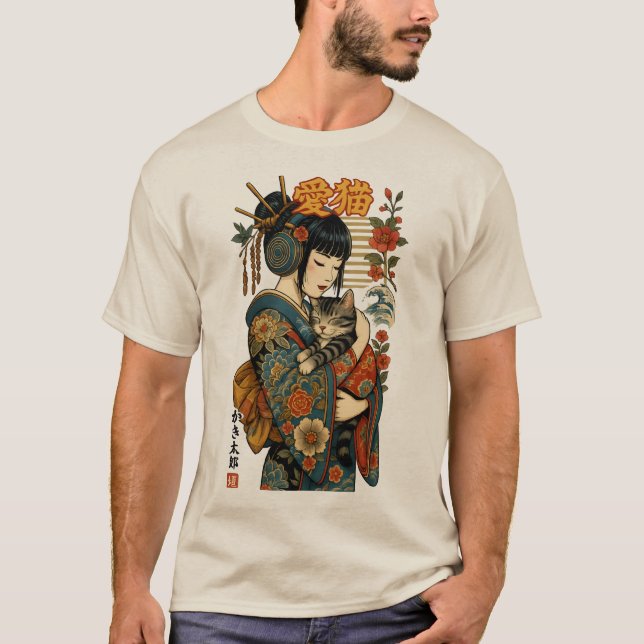 Camiseta Geisha e Cat - Floral Japonês (Frente)