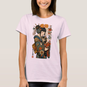 Camiseta Geisha e Cat - Floral Japonês