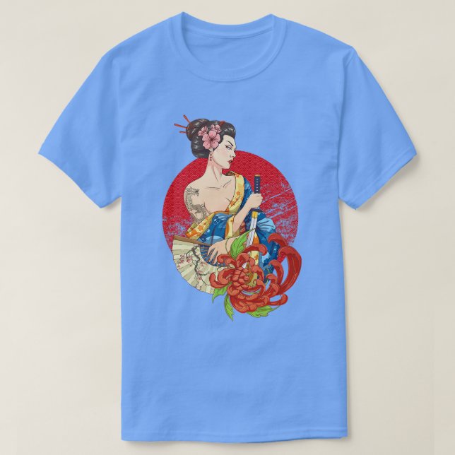 Camiseta Geisha Girl Katana Sword and Tattoo of Dragon Japa (Frente do Design)