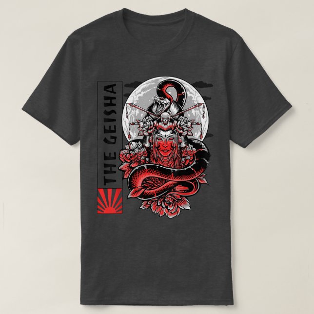 Camiseta Geisha Girl Katana Sword e tatuagem do Dragão Japa (Frente do Design)
