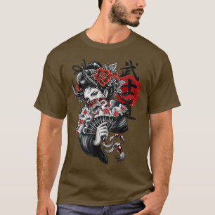 Camiseta Geisha Girl Katana Sword e tatuagem do Dragão Japa