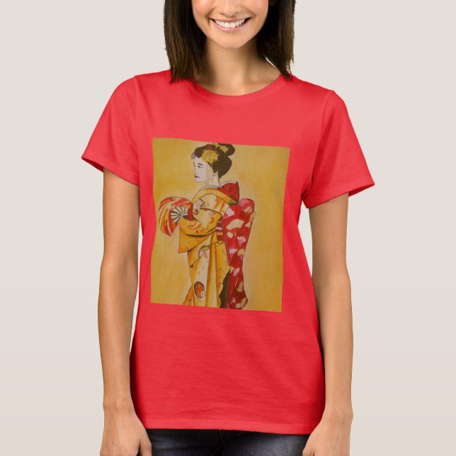 Camiseta Geisha gold kimono original de aquarela (Frente)