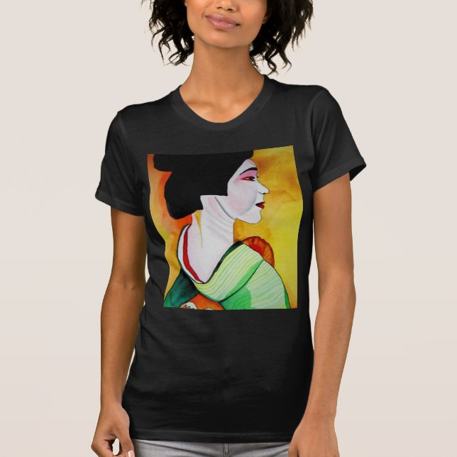 Camiseta Geisha japonesa com arte original verde kimono (Frente)