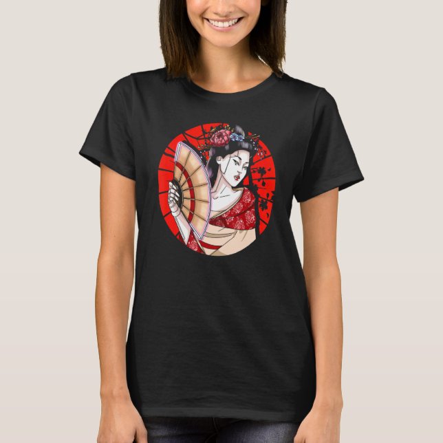 Camiseta Geisha Japonesa com Fan Sakura Japão Mulher Geisha (Frente)