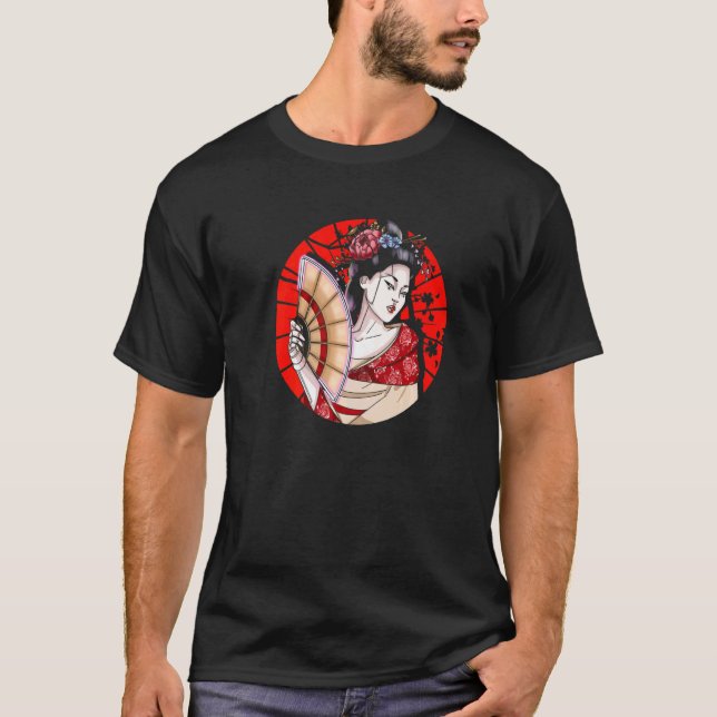 Camiseta Geisha Japonesa com Fan Sakura Japão Mulher Geisha (Frente)