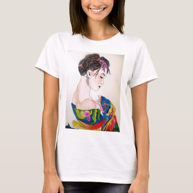 Camiseta Geisha japonesa com quimono azul (Frente)