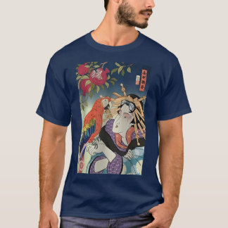 Camiseta Geisha Macaw Parrot Ukiyoe Geisha Samurai Japonês