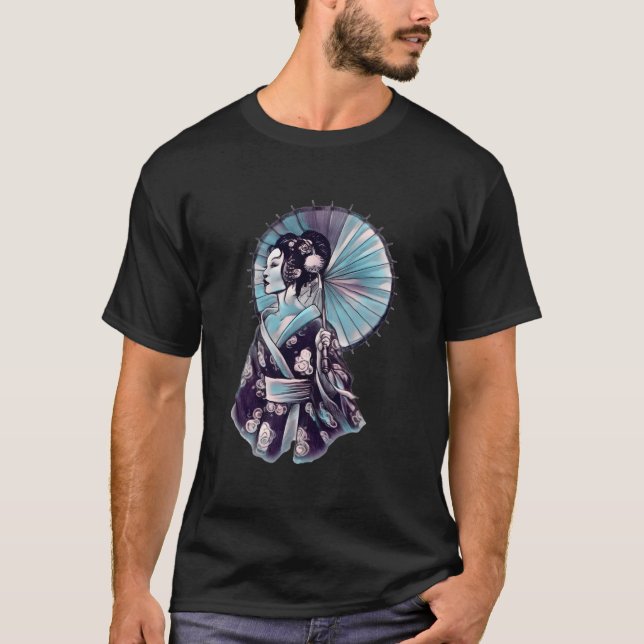 Camiseta Geisha Parasol Pretty Tattoo Samurai Hand-Drawn (Frente)