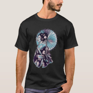 Camiseta Geisha Parasol Tatto Bonito Samurai Desenhado à Mã