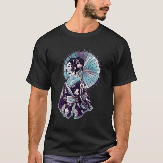 Camiseta Geisha Parasol Tatto Bonito Samurai Desenhado à Mã (Frente)