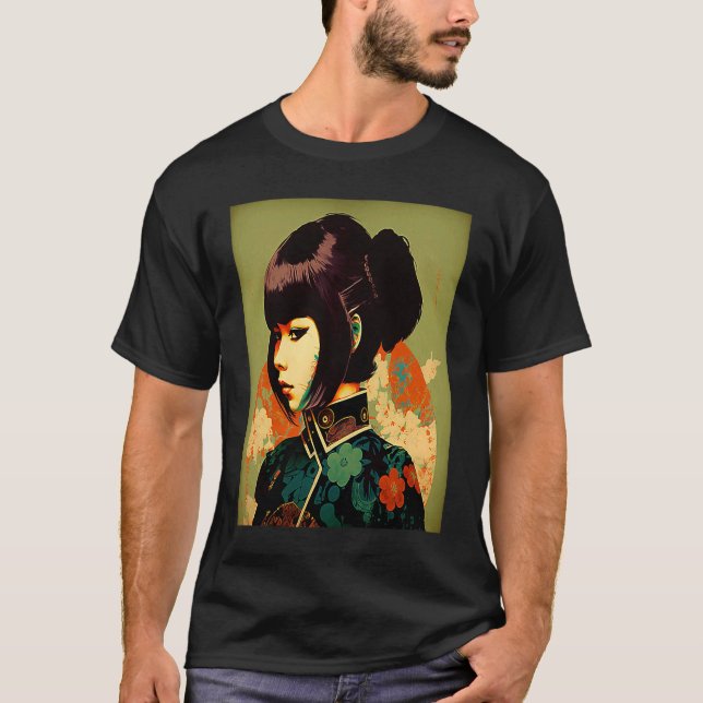 Camiseta Geisha Retro Female Kimono Samurai Japonês Vintag (Frente)