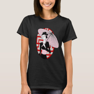 Camiseta Géisha Segurando Guarda-Chuva Antigas Mulheres Jap