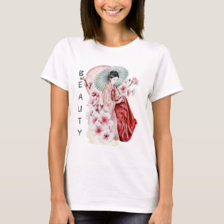 Camiseta Geisha Watercolor japonesa com Kimono e Sakura