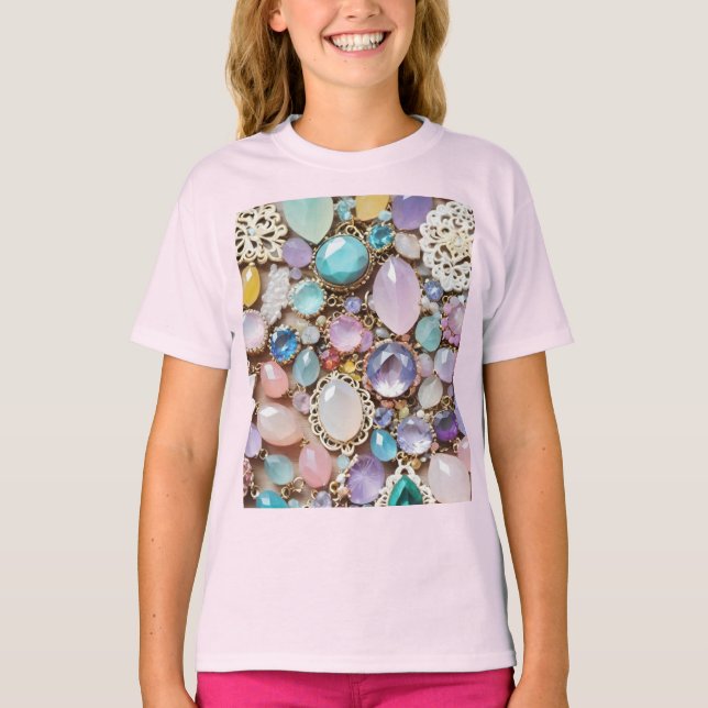 Camiseta Gemas e Joias Pastéis em Tons de Rosa e Roxo (Frente)