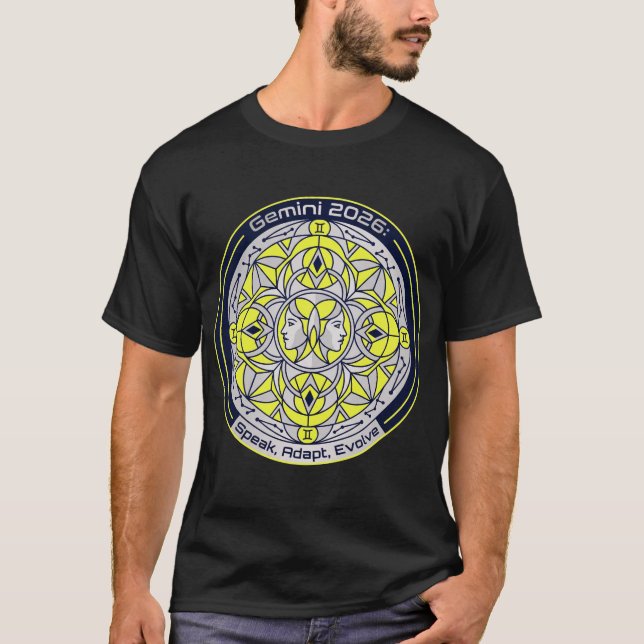 Camiseta Gêmeos 2026 Mandala do Zodíaco Gêmeo | Fale, Adapt (Frente)