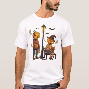 Camiseta Gêmeos Abóbora Vintage: Morcegos Espectrais e Livr