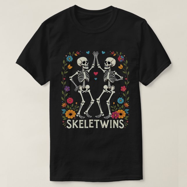 Camiseta Gêmeos Halloween Skeletwins Dançando Esqueletos (Frente do Design)
