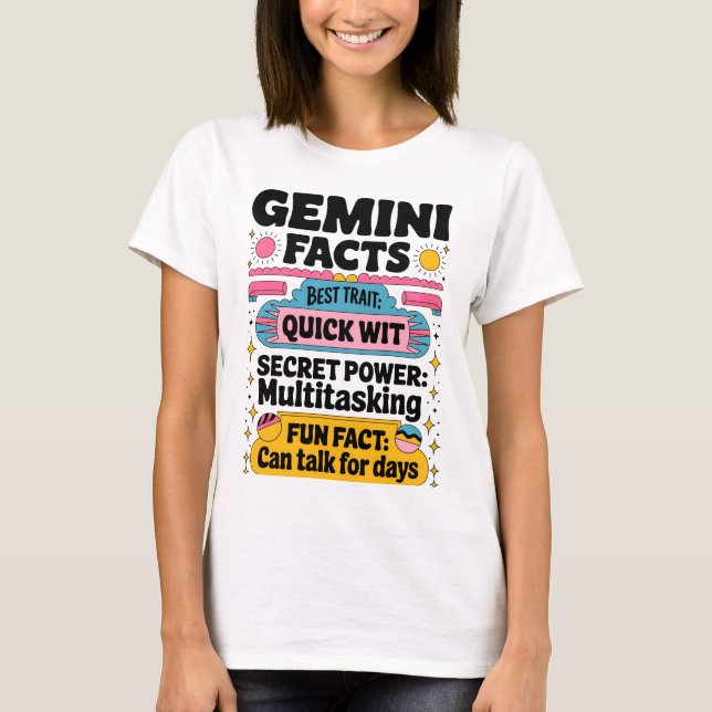 Camiseta Gemini Fatos: Sentido Rápido, Multitarefa e Sem Fi (Frente)