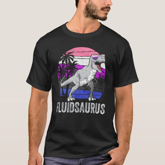 Camiseta Gender Fluid Pride Flag Dinosaur Trex LGBTQ Fluids (Frente)